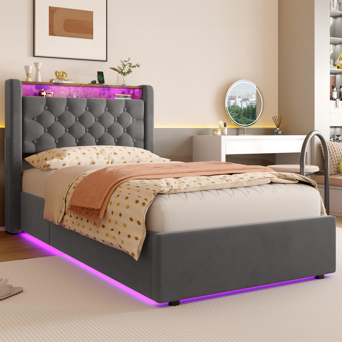 POLSTERBETT 90/190 cm in Grau, mit Bettkasten, LED und USB, ohne Matratze - Grau, Holzwerkstoff/Textil (90/190cm) - WISHDOR