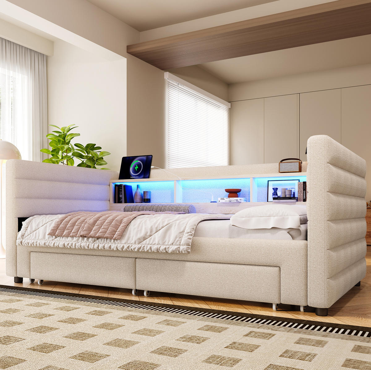 TAGESBETT 90/190 cm Beige aus Samt mit Ausziehfunktion und LED - Beige, Textil (90/190cm) - OKWISH