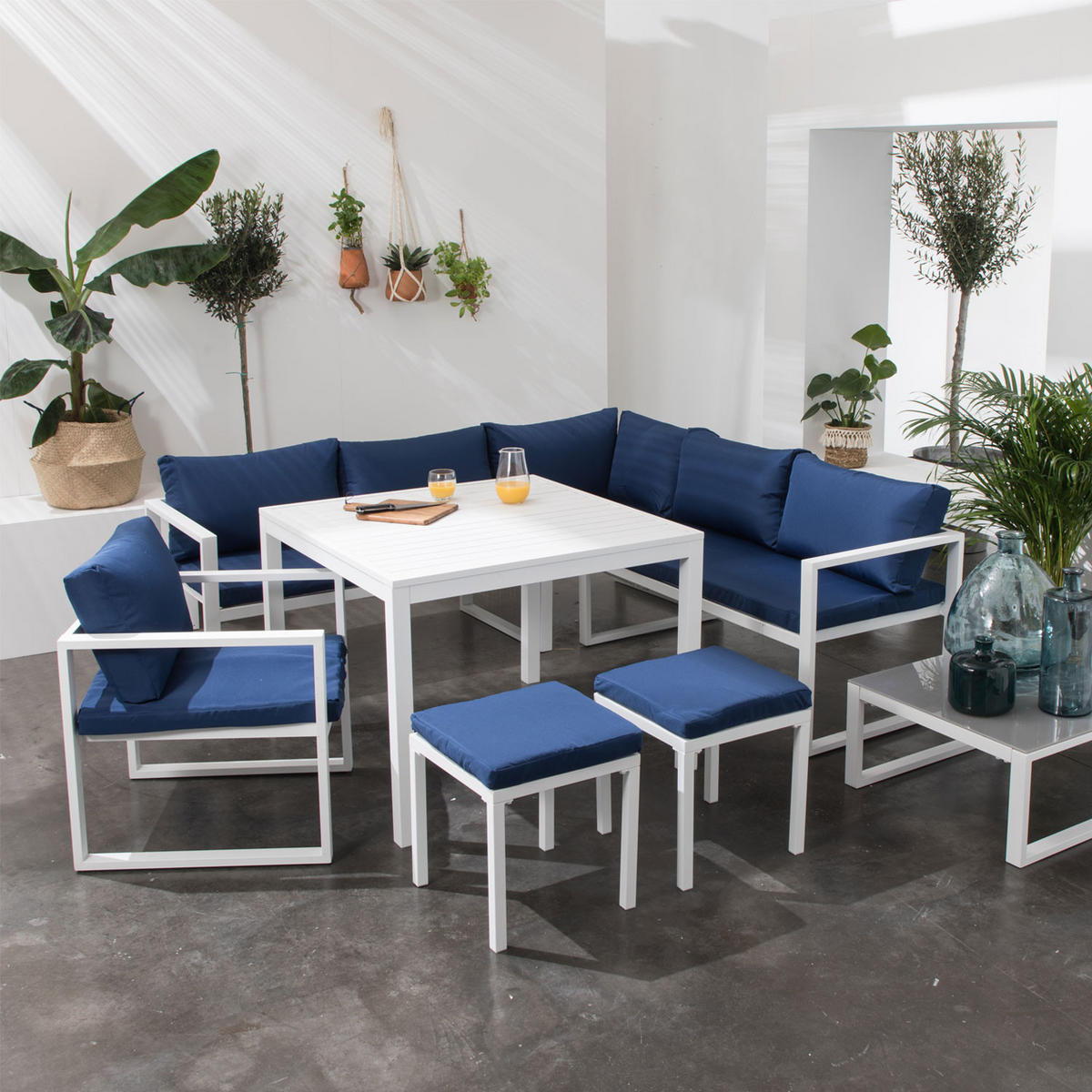 GARTENSALON Ibiza Blau und Weiß 7 Plätze - Blau, Metall - Happy Garden