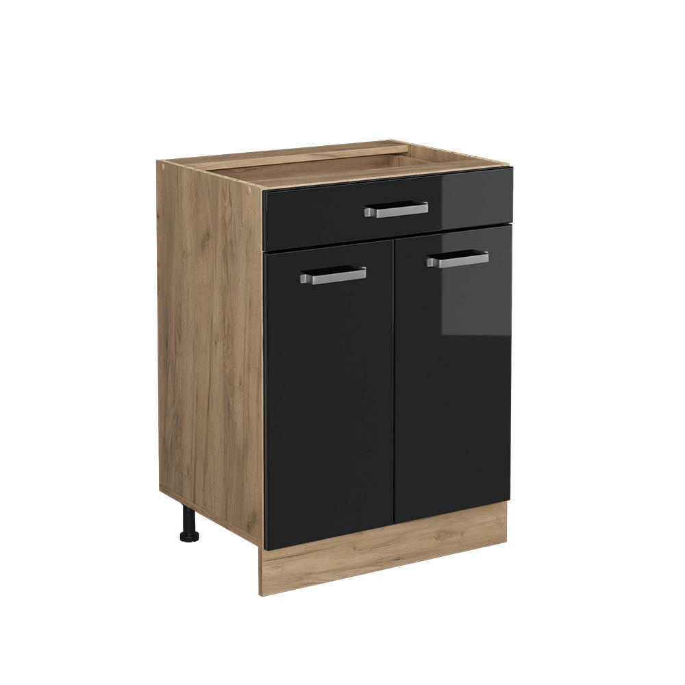 KÜCHENUNTERSCHRANK R-Line Schwarz Hochglanz 60 cm mit Schublade, ohne Arbeitsplatte - Honigeiche/Schwarz Hochglanz, Holzwerkstoff (60/81.6/46cm) - Vicco