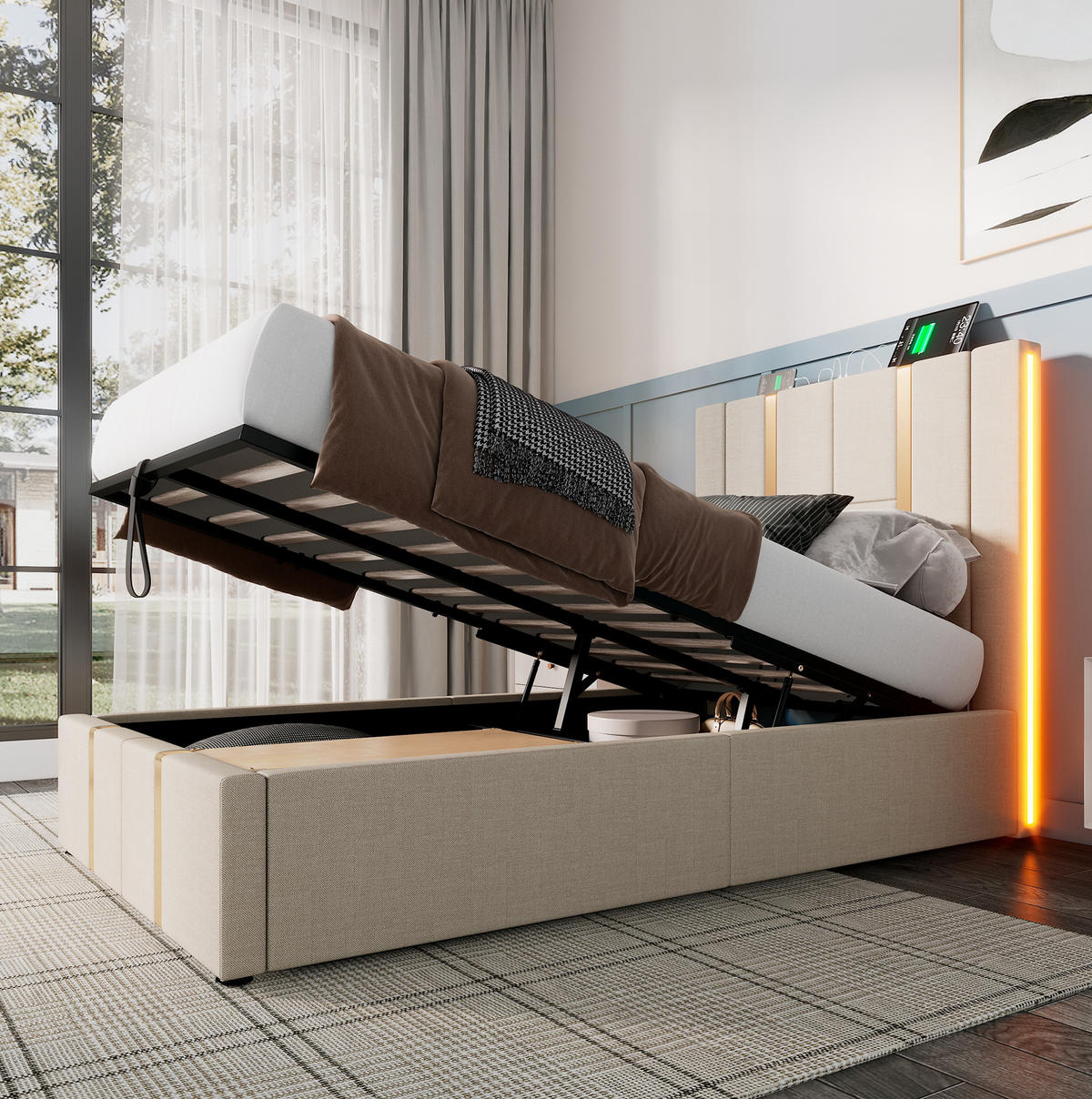 POLSTERBETT mit Stauraum, LED und Matratze 90x200 cm Beige - Beige, Metall (90/200cm) - Meubliv