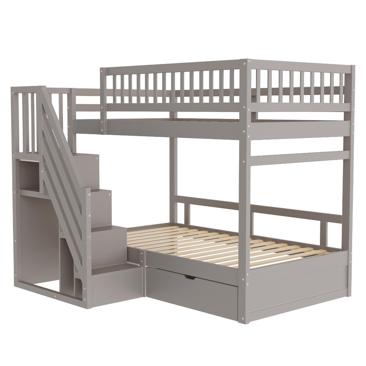 ETAGENBETT 90/200 cm Grau aus Massivholz mit Stauraum und Lattenrosten - Grau, Holz (90/200cm) - Flora Grace