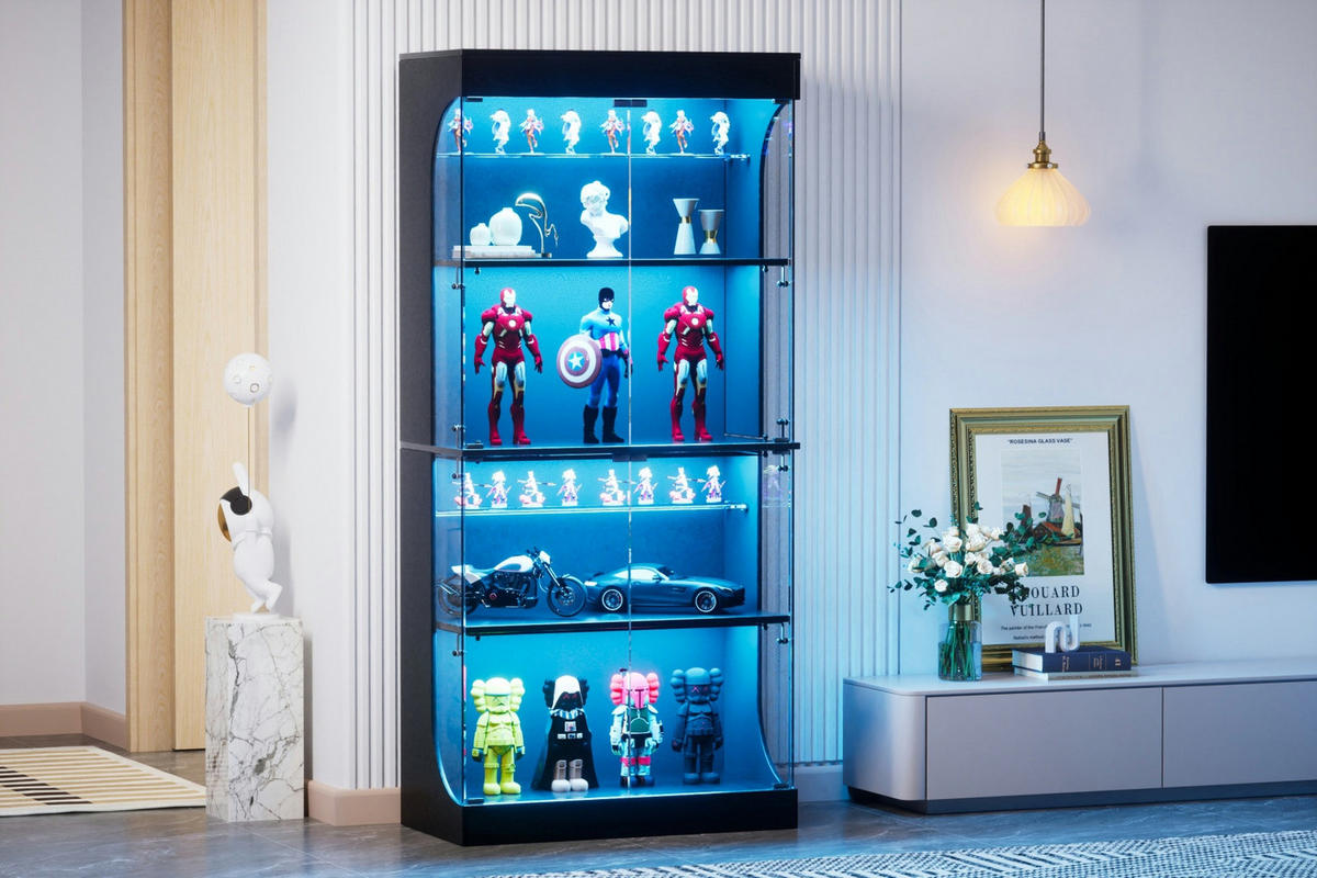 VITRINENSCHRANK Schwarz 80/35/165 cm mit LED Beleuchtung und Ladestation - Schwarz, Glas (80/165/35cm) - PARAFTA HOME