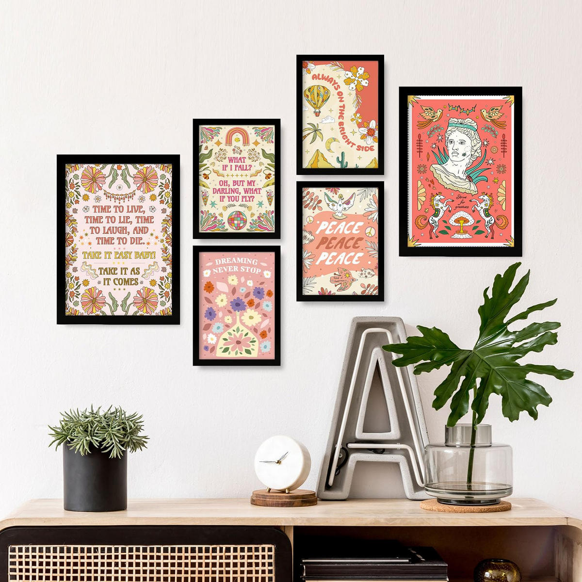 POSTER Set Mit 6 Drucken Von Pink In Brilliant Groovy Style Postersammlung Dekorative Rahmen Für Ihr Zuhause Wandkunstdruck A3 & A4 Schwarzer Rahmen - Schwarz, Papier (29/3cm) - Nacnic