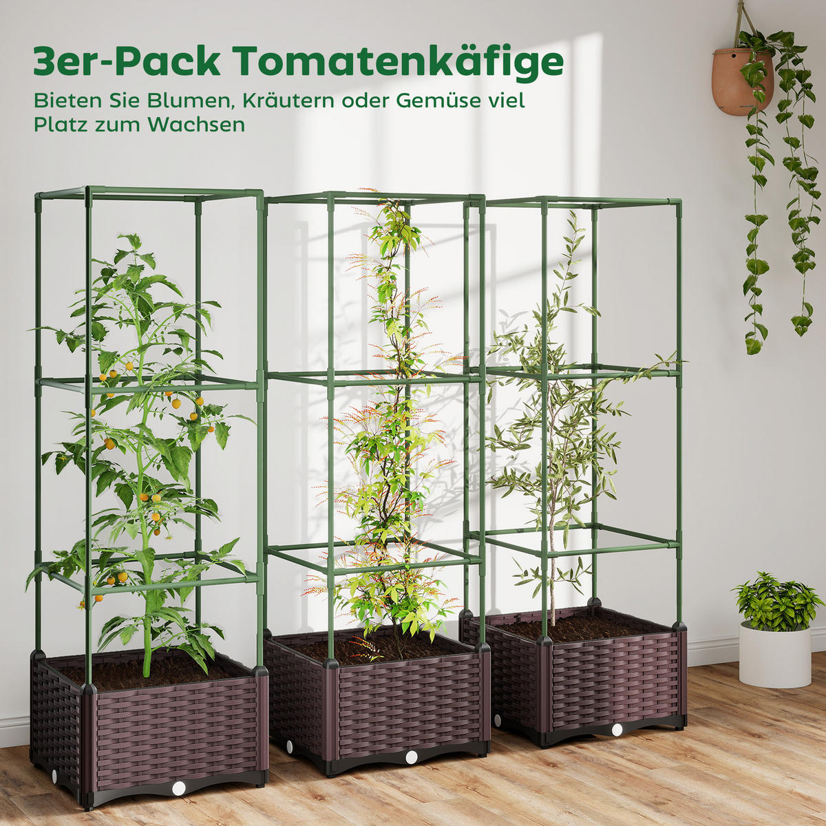 HOCHBEET mit Rankgitter 3er Set Pflanzkasten Blumenkasten mit Abflusslöchern - Grün, Metall (40/125/40cm) - Outsunny