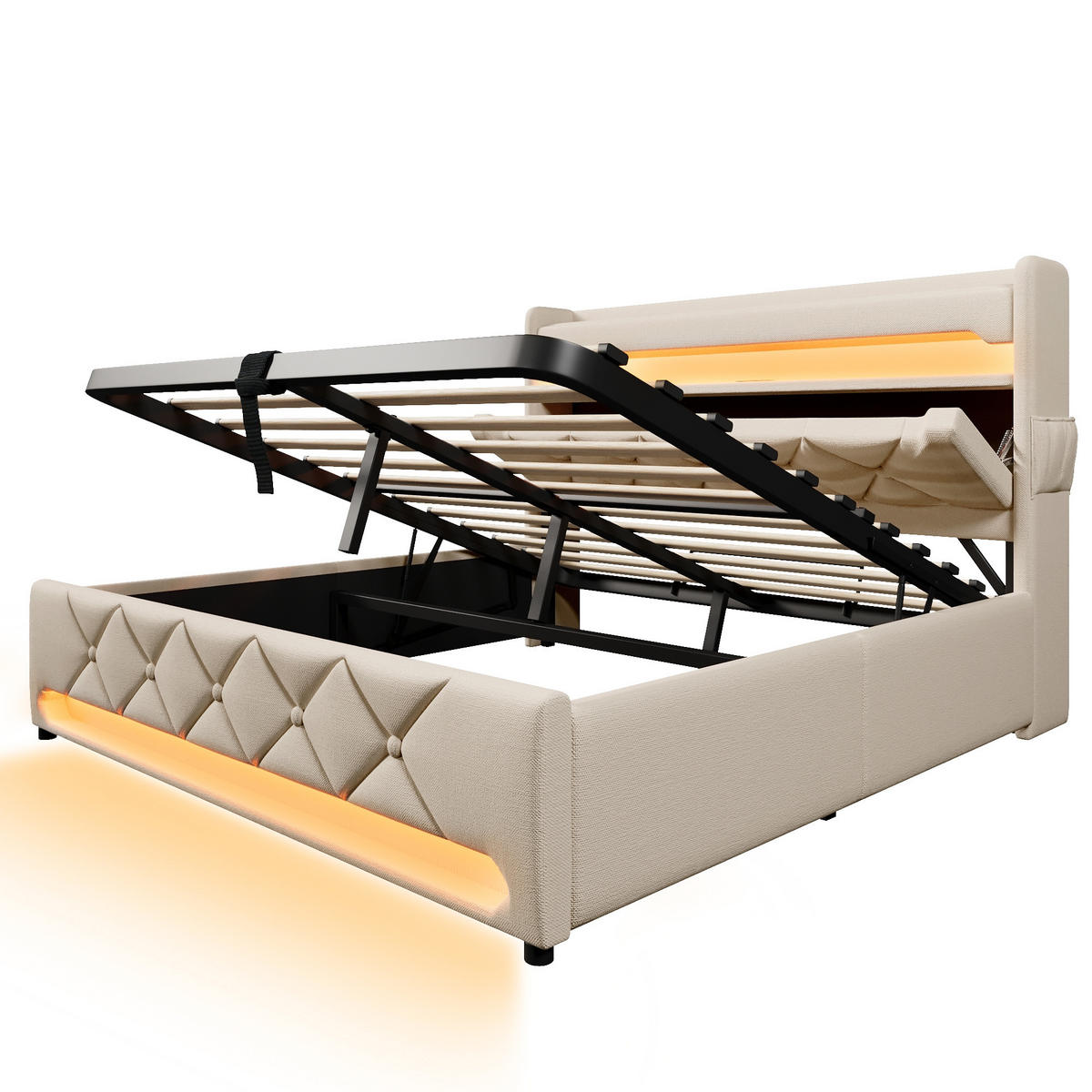 POLSTERBETT 140/200 cm beige mit Stauraum Kopfteil und LED-Beleuchtung - Beige, Textil (140/200cm) - OKWISH