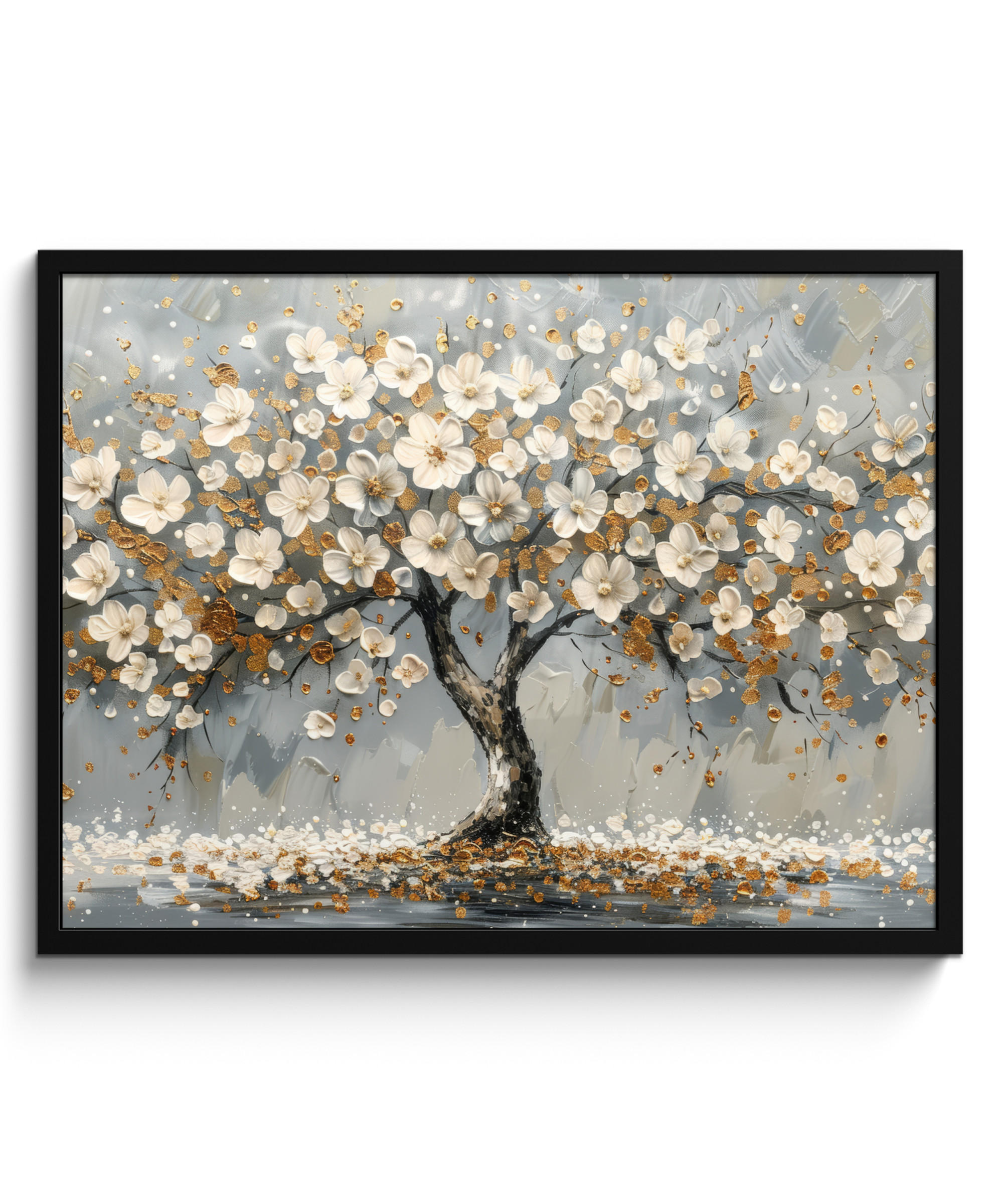 POSTER MIT RAHMEN Baum - Blumen - Weiß - Natur - Kunst 80x60 cm - Weiß, Papier (80/60cm) - MuchoWow