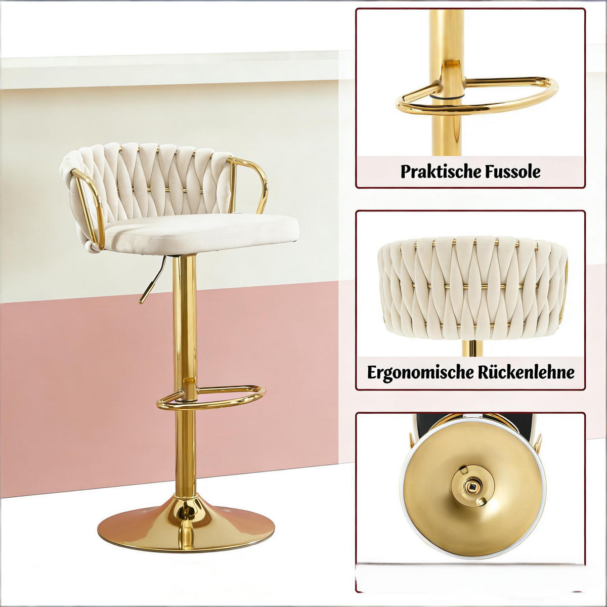BARHOCKER DE-36090 Drehbar höhenverstellbar mit Samtbezug Cremeweiß - Creme, Metall (49.5/98/50.5cm) - ComfortXL