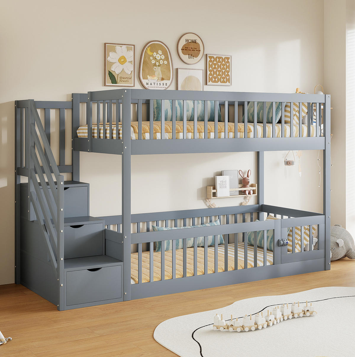 ETAGENBETT 90/200 cm mit Stauraumtreppe, Schubladen und Spielbereich, Grau - Grau, Holzwerkstoff (90/200cm) - Redom