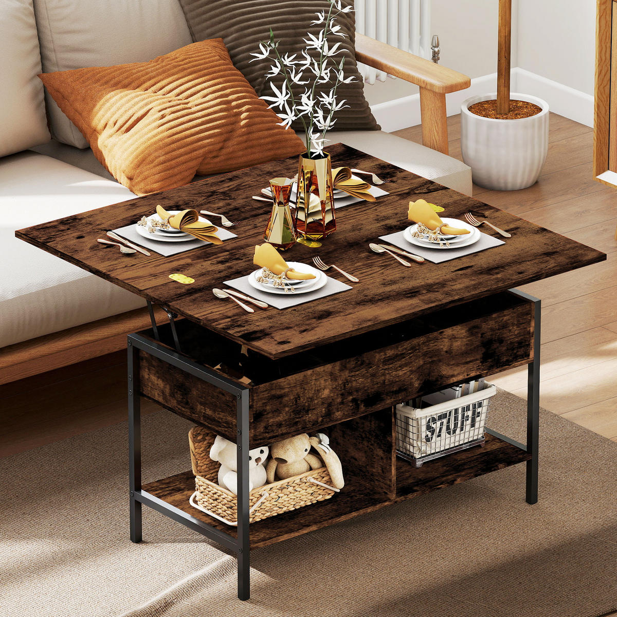 COUCHTISCH DE-15810 2 klappbare Platten Braun - Braun, Holzwerkstoff (98/49/55cm) - ComfortXL
