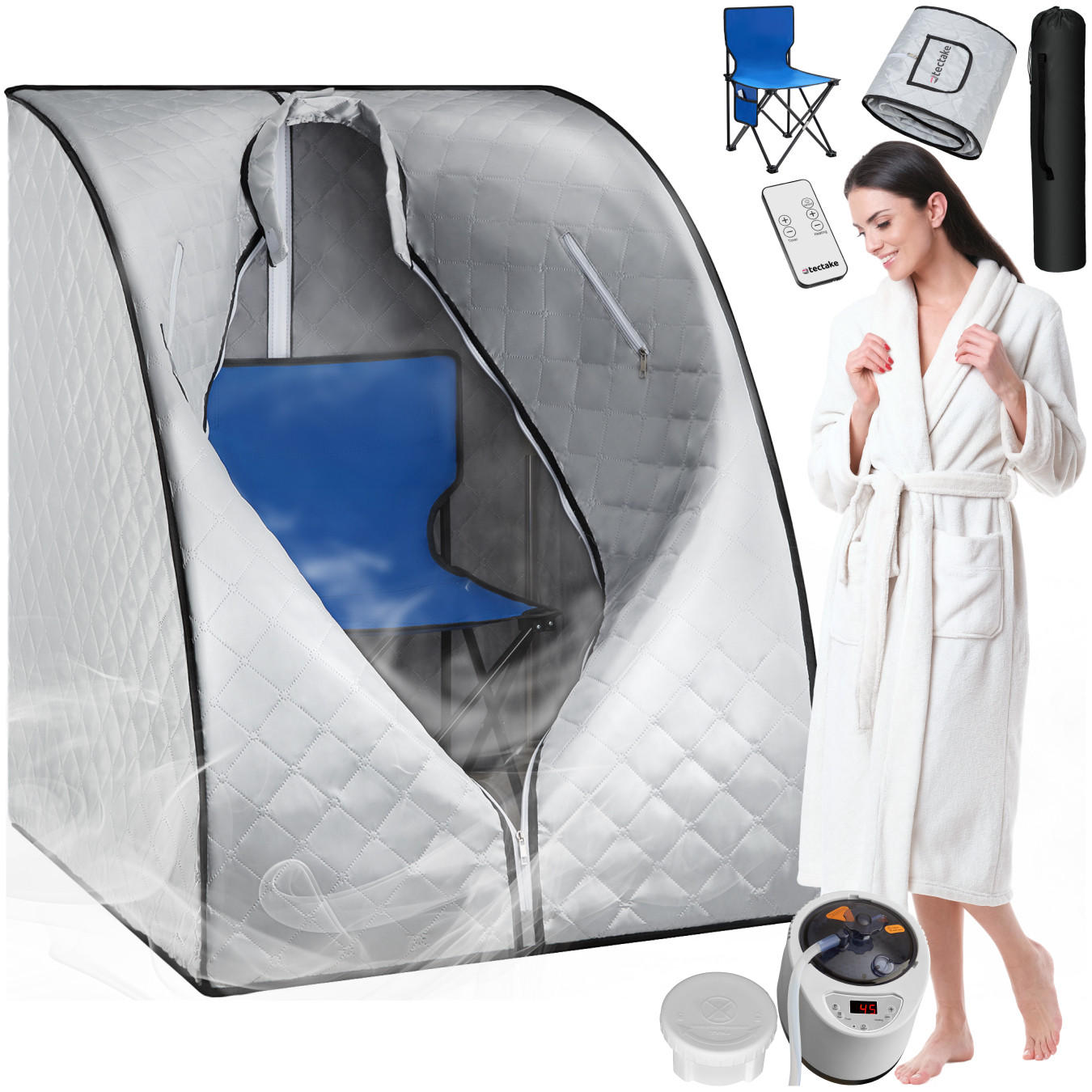 MOBILE DAMPFSAUNA Thermaluxe Ii,inkl. Fernbedienung, Matte, Klappstuhl und Tragetasche,grau/blau - Blau/Grau, Kunststoff (78/100/90cm) - tectake