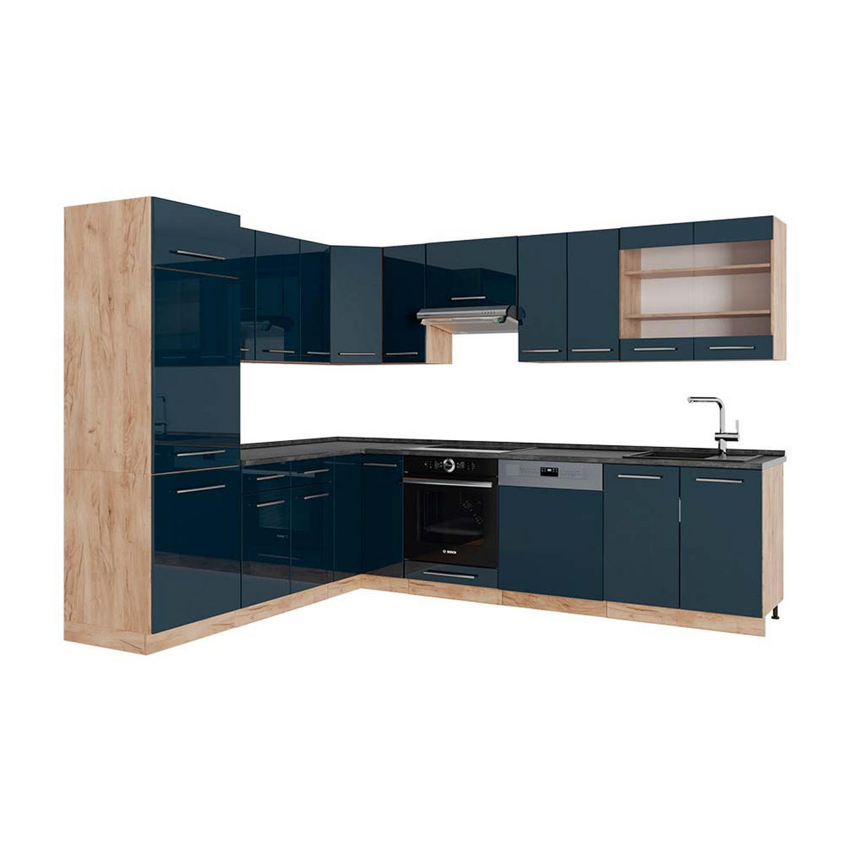 ECKKÜCHE Fame-Line Dunkelblau Hochglanz/Goldkraft Eiche 227x287 cm AP Anthrazit - Honigeiche/Dunkelblau, Holzwerkstoff (227/81.6/60cm) - Vicco