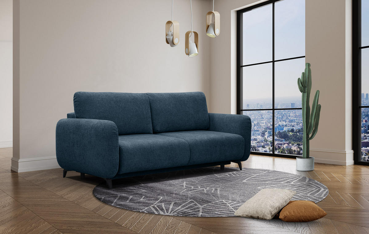 SOFA DRAKE 3-Sitzer mit Schlaffunktion, dunkelblau - Braun/Dunkelblau, Holz/Textil (232/90/107cm) - Courtois Laville