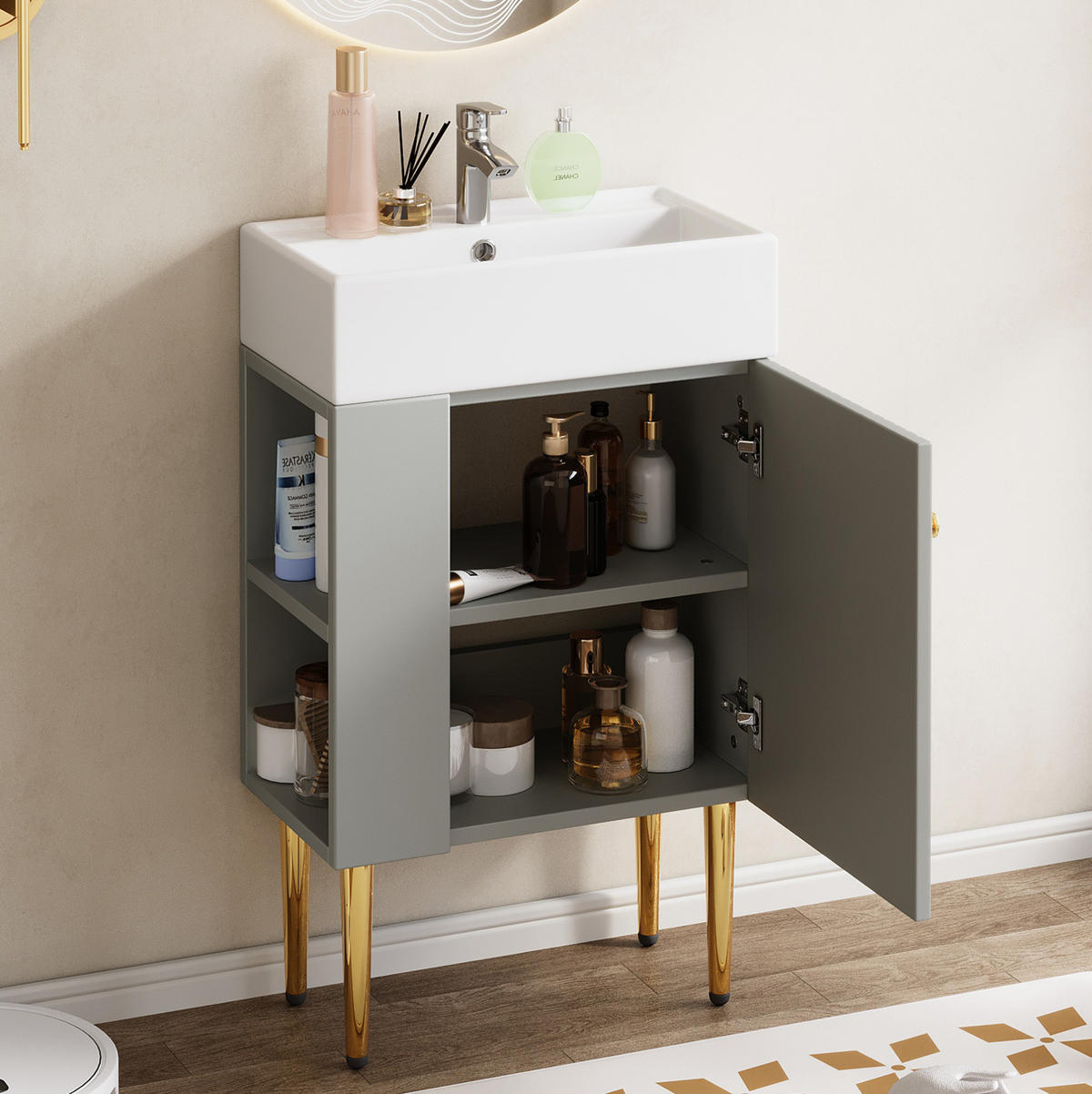 WASCHBECKENSCHRANK mit Ablagefächern Grey/White - Grau, Holzwerkstoff (31/91.5/55cm) - Beauniv