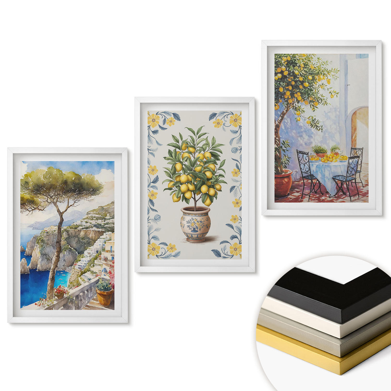WANDBILDER 3er-Set - 40x60 cm Weißer Rahmen - Gemälde von Zitronenbäumen - Weiß, Kunststoff (40/60cm) - ArtPrintCave