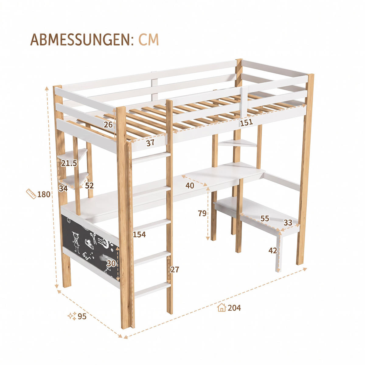 HOCHBETT 90/200 cm aus holz mit schreibtisch und ttreppe, sicherheitsgeländer - Weiß, Holz (90/200cm) - GENKI LIVING