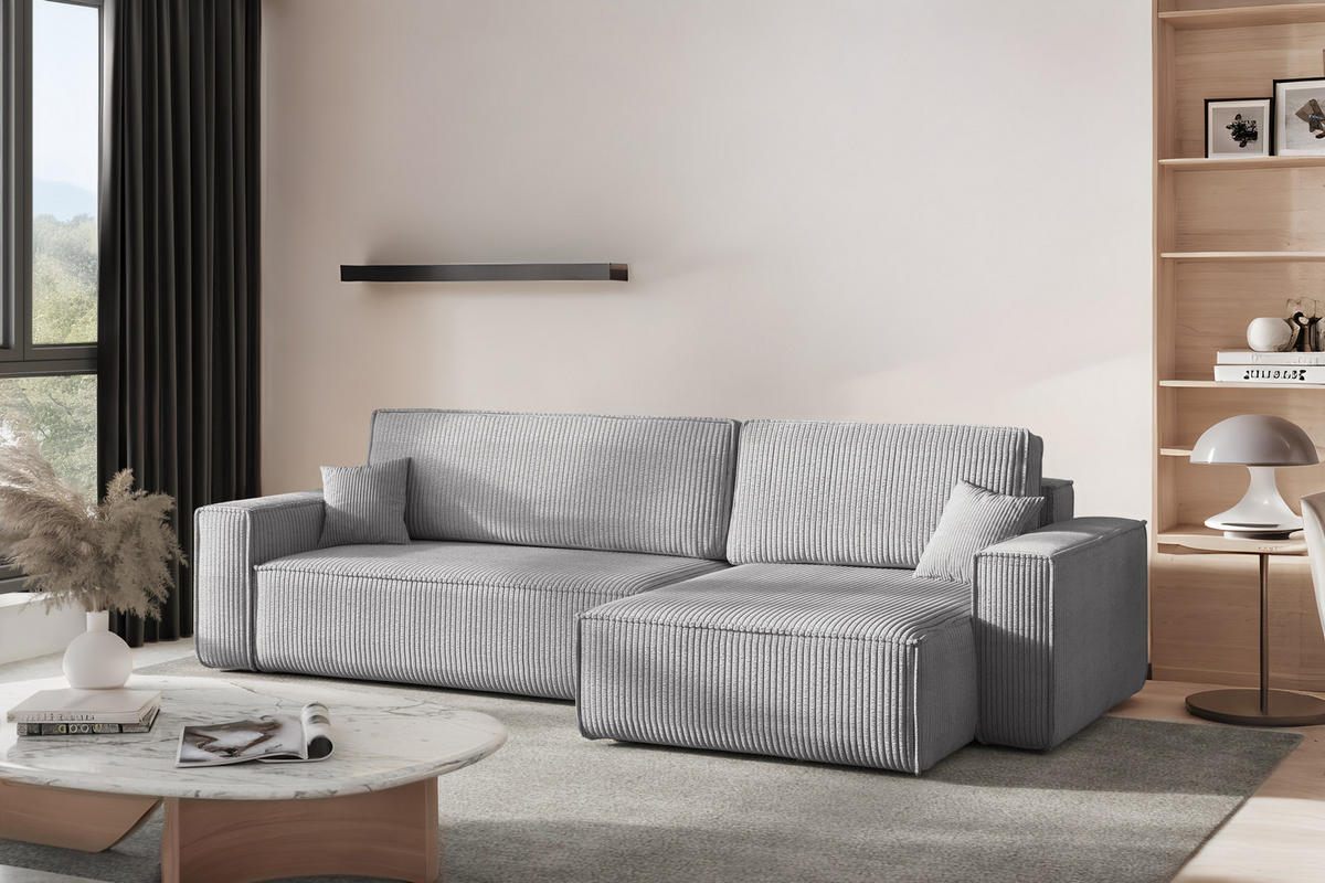 ECKSOFA Mit Schlaffunktion Und Bettkasten, Eckcouch BEST XL Stoff Poso Dicker Cord Grau Rechts - Schwarz/Grau, Holz/Kunststoff (274/142cm) - Kaiser Möbel