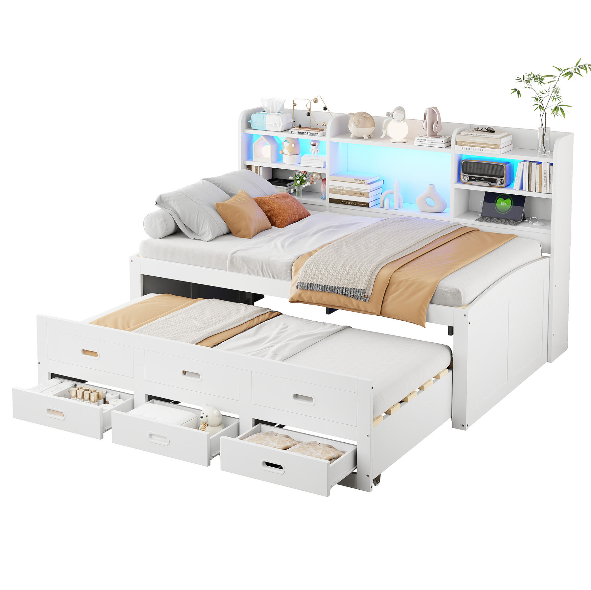 OKWISH POSTEL 90/200 cm bílá z dřevotřísky s LED osvětlením, výsuvným lůžkem a zásuvkami
