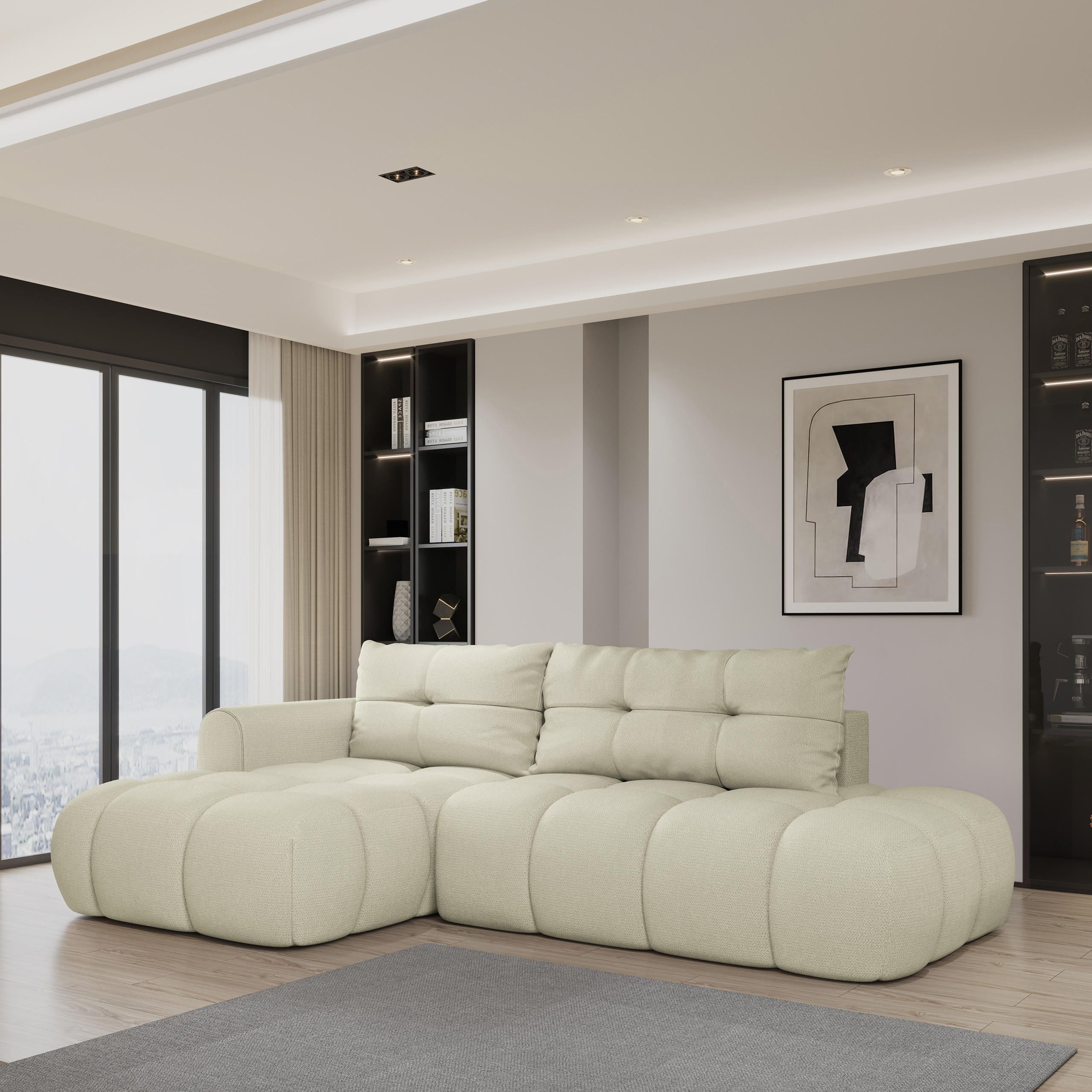 ECKSOFA FLUMA L-S Creme Geflochtener Stoff mit Schlaffunktion - Creme, Holz (274/165cm) - MASSENO