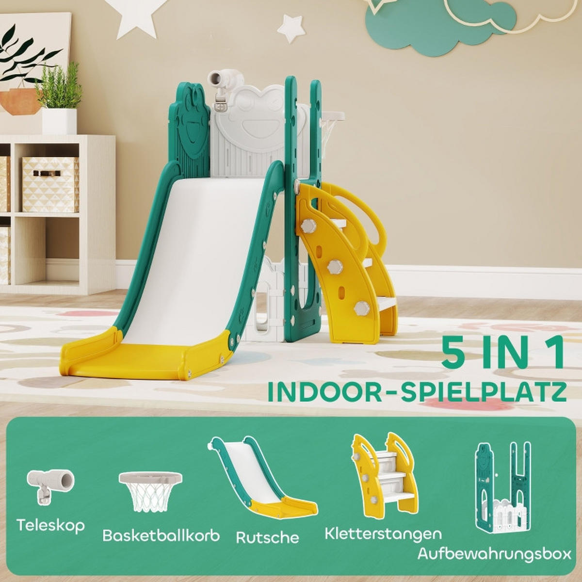 KINDERRUTSCHE 5-in-1 und Basketballkorb Kunststoff Gelb/Grün - Gelb, Kunststoff (70/86/178cm) - Korfee