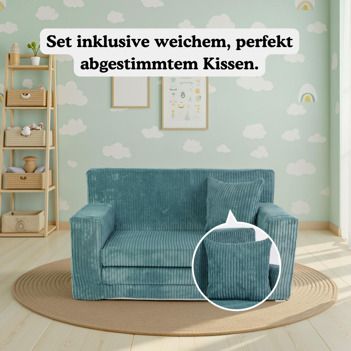 KINDERSOFA aus Kuschel-Cord in Türkis - Türkis, Textil (83/47/43cm) - Fortisline
