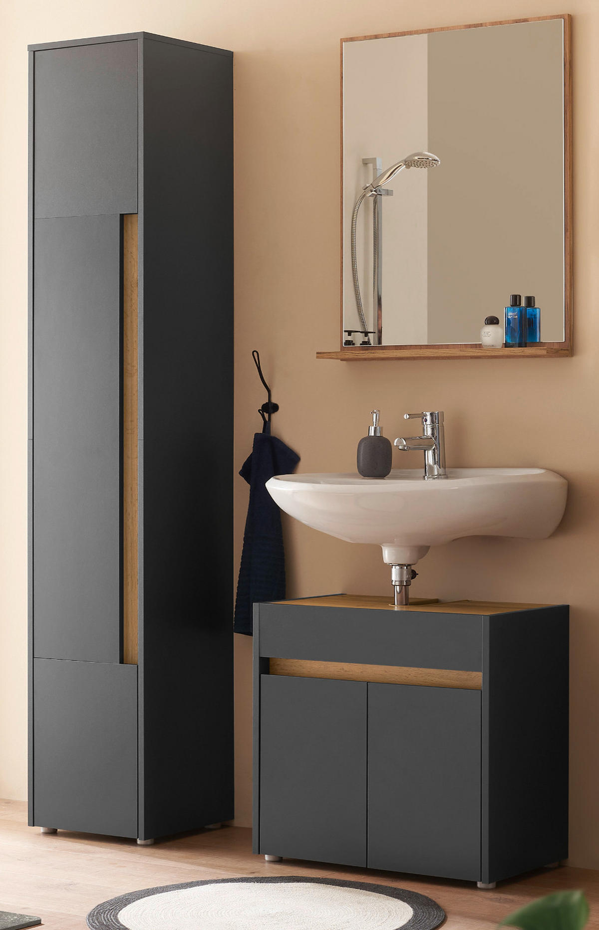BADMÖBEL-SET 3-teilig grau matt, Wotan Eiche, Badkombination 114 cm - Eiche Wotan/Schwarz, Glas/Holzwerkstoff (116/200/34cm) - Furn.Design