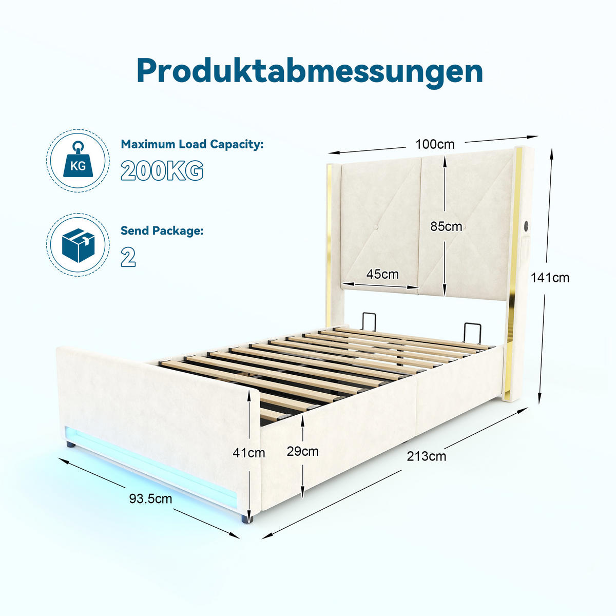 POLSTERBETT 90/200 cm in Beige mit Bettkasten, LED, USB und Type-C Samt - Beige, Holzwerkstoff/Textil (90/200cm) - STILVORA