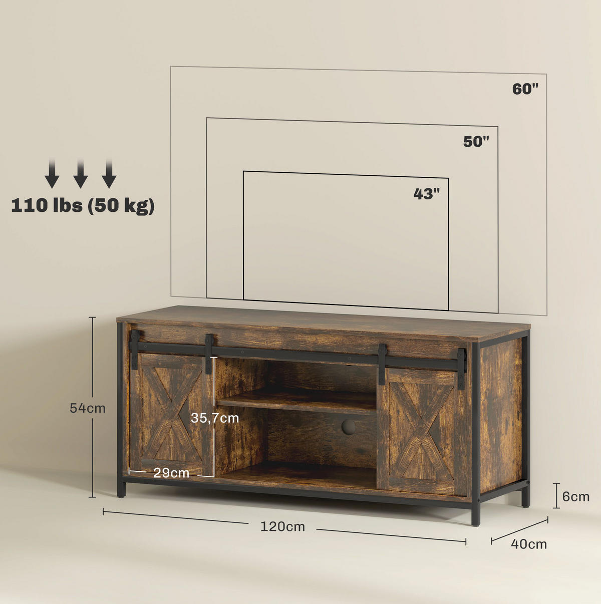 LOWBOARD 120/40/54 cm aus Holzwerkstoff mit Schiebetüren im Industrial-Stil Braun - Braun, Holzwerkstoff (120/54/40cm) - Modenvie