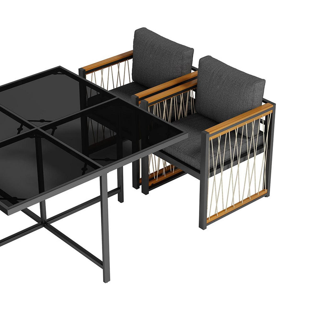DINING-LOUNGESET für 6 Personen mit Tisch aus gehärtetem Glas - Schwarz, Metall - KOMHTOM