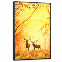 LEINWAND Bilder mit Rahmen - Natur - Ölfarbe - Hirsche - Tiere - Herbst - Orange - 80x120 - Orange, Textil (80/120cm) - MuchoWow
