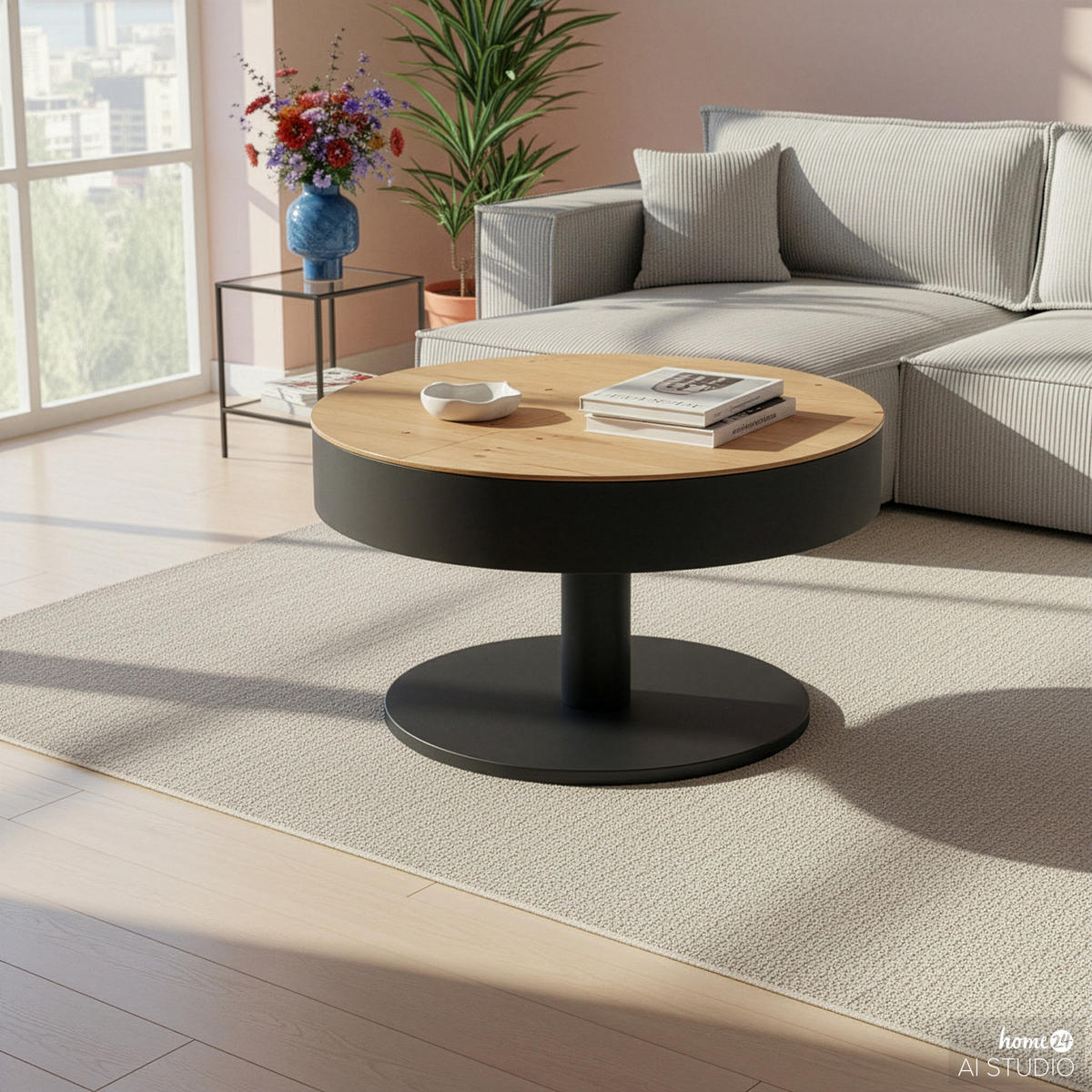 FUNKTIONALER COUCHTISCH - Eiche Dekor / Schwarz - Schwarz/Braun, Holzwerkstoff/Metall (79/79/45cm) - home24