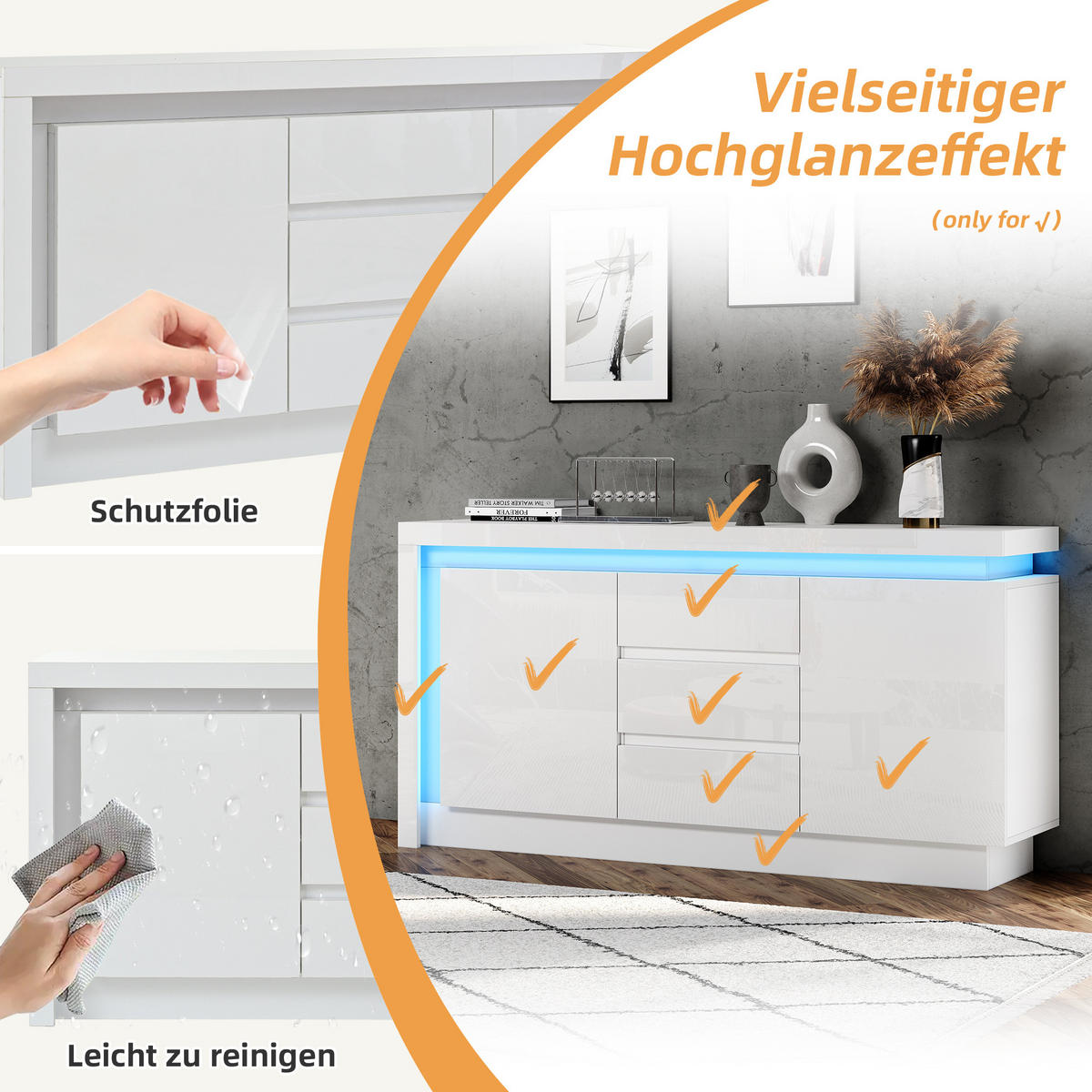 SIDEBOARD LED Weiß 2 Türen 3 Schubladen 140x35x72cm Hochglanz - Weiß, Holzwerkstoff (35/72/140cm) - FLIEKS