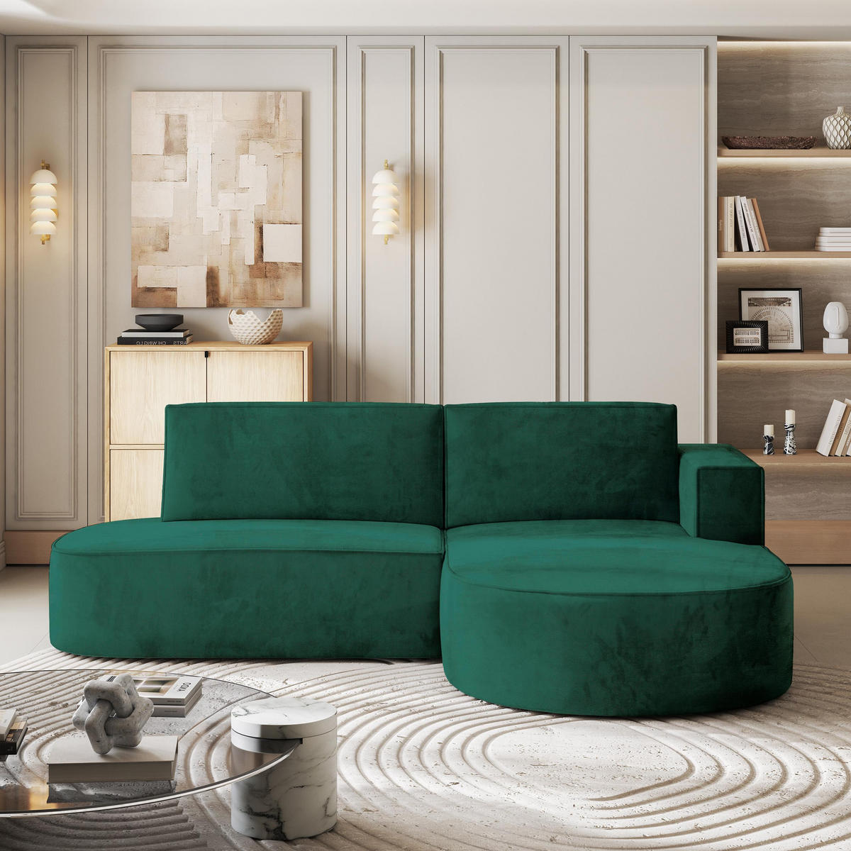 ECKSOFA CORTIO M R-S Grün Velours-Stoff mit Schlaffunktion - Grau/Grün, Holz/Kunststoff (265/174cm) - MASSENO