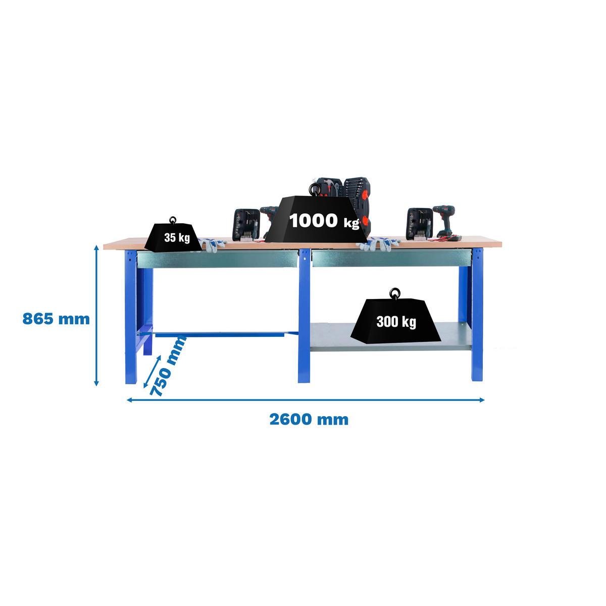 WERKBANK Buffalo Wood mit 2x Schublade HxBxT 86,5 x 260 x 75 cm Traglast 1000 kg Blau - Blau, Metall (260/86.5/75cm) - PROREGAL