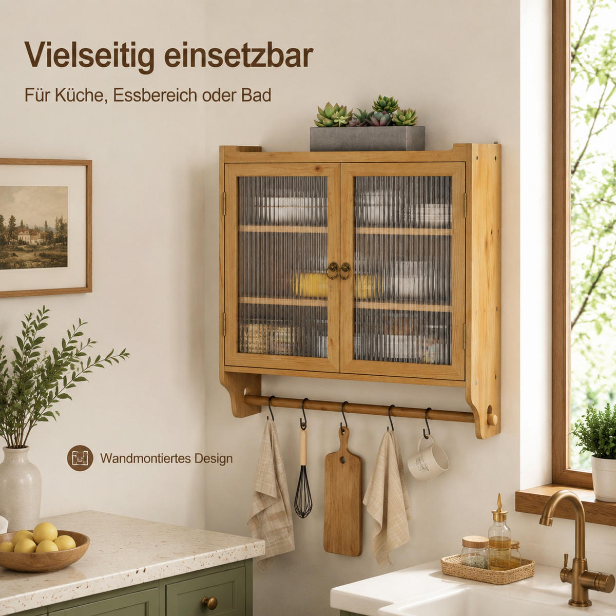 KÜCHENOBERSCHRANK 63/18/60 cm aus Massivholz und MDF mit geriffeltem Glas und Handtuchhalter Natur - Naturfarben, Holzwerkstoff (63/60/18cm) - Modenvie