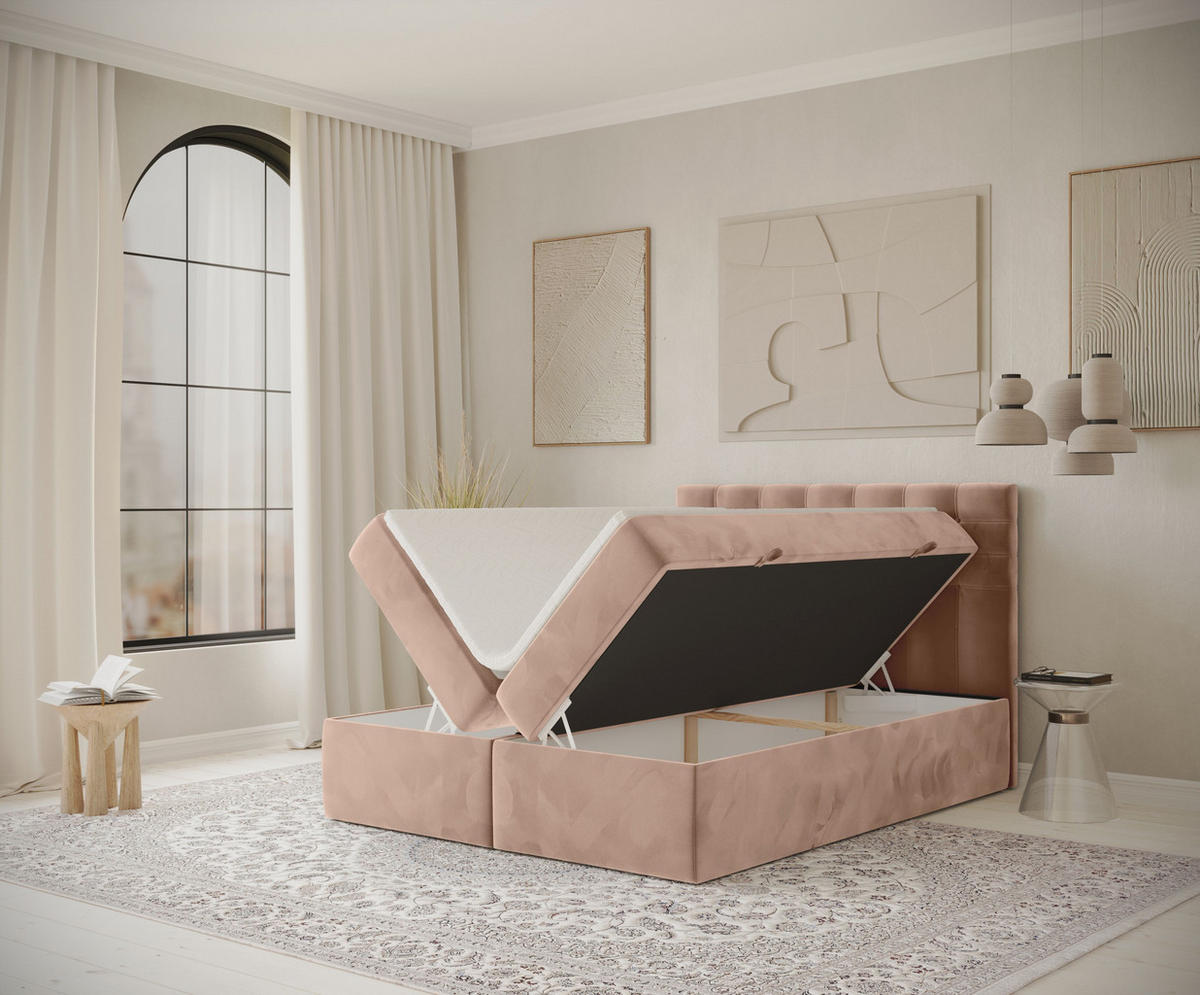 BOXBETT Sansa Korallenfarbe 120/200 cm mit Taschenmatratze und Topper - Koralle/Schwarz, Holz/Holzwerkstoff (120/200cm) - Maison de Reve