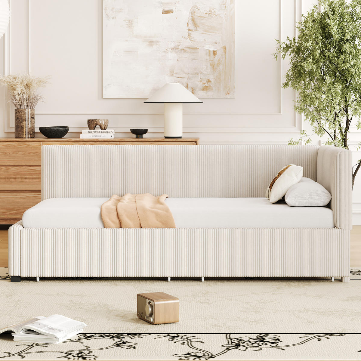 SCHLAFSOFA 90/200 cm in Beige Samt mit 2 Schubladen - Beige, Holzwerkstoff/Textil (90/200cm) - WISHDOR