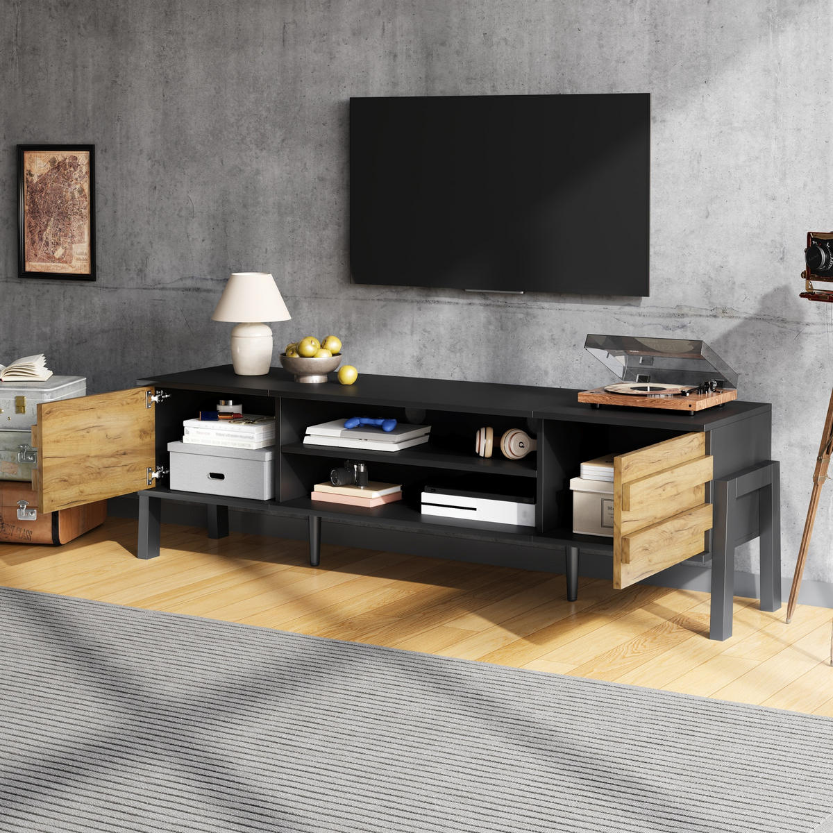 TV-ELEMENT 175/39.5/53 cm Schwarz mit 2 Schränke und Offener Lagerraum - Schwarz, Holz (175/53/39.5cm) - Oxeza