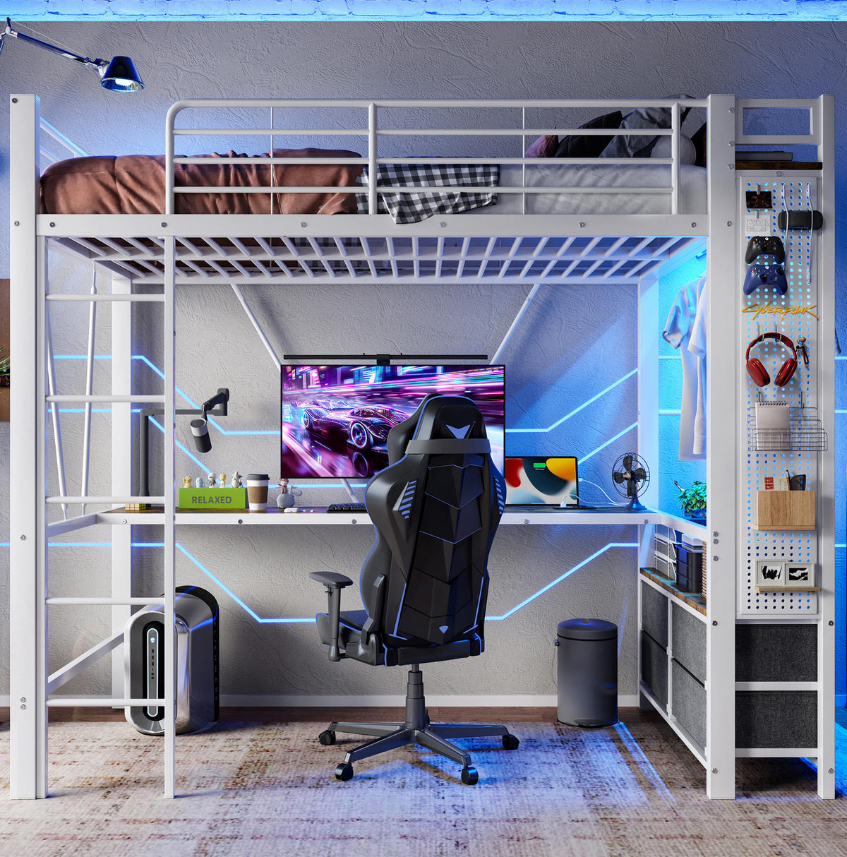 HOCHBETT aus Metall und MDF 90x200 cm Weiß mit Schreibtisch, LED, USB-C, Regalen und 4 Schubladen - Weiß, Metall (90/190cm) - Modfu