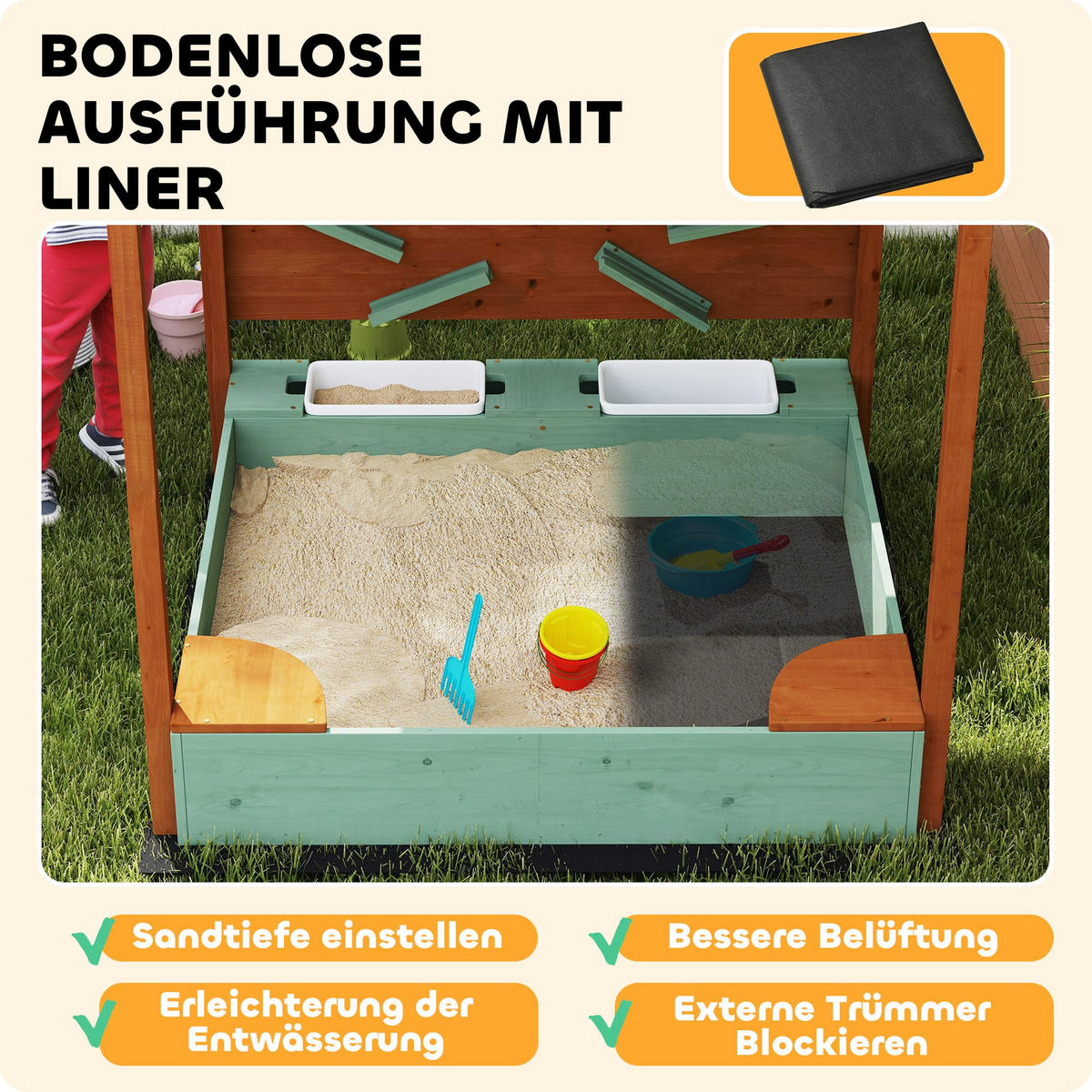SANDKASTEN, Grün, Tannenholz, Kunststoff - Grün, Holz (116/112.5/128cm) - AIYAPLAY