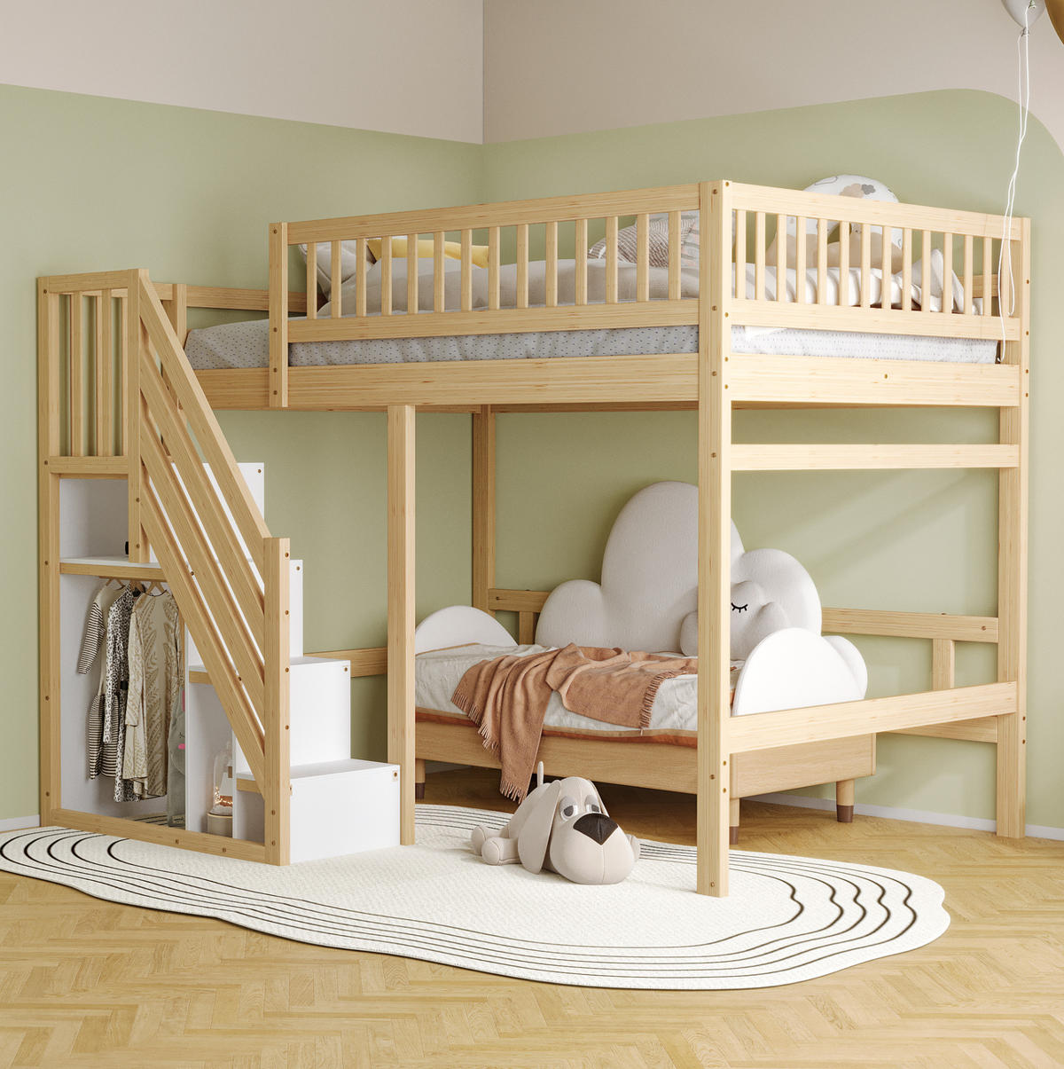 HOCHBETT 140/200 cm Naturfarben aus Kiefernholz mit Stauraumtreppe - Naturfarben, Holz (140/200cm) - OKMYHOME