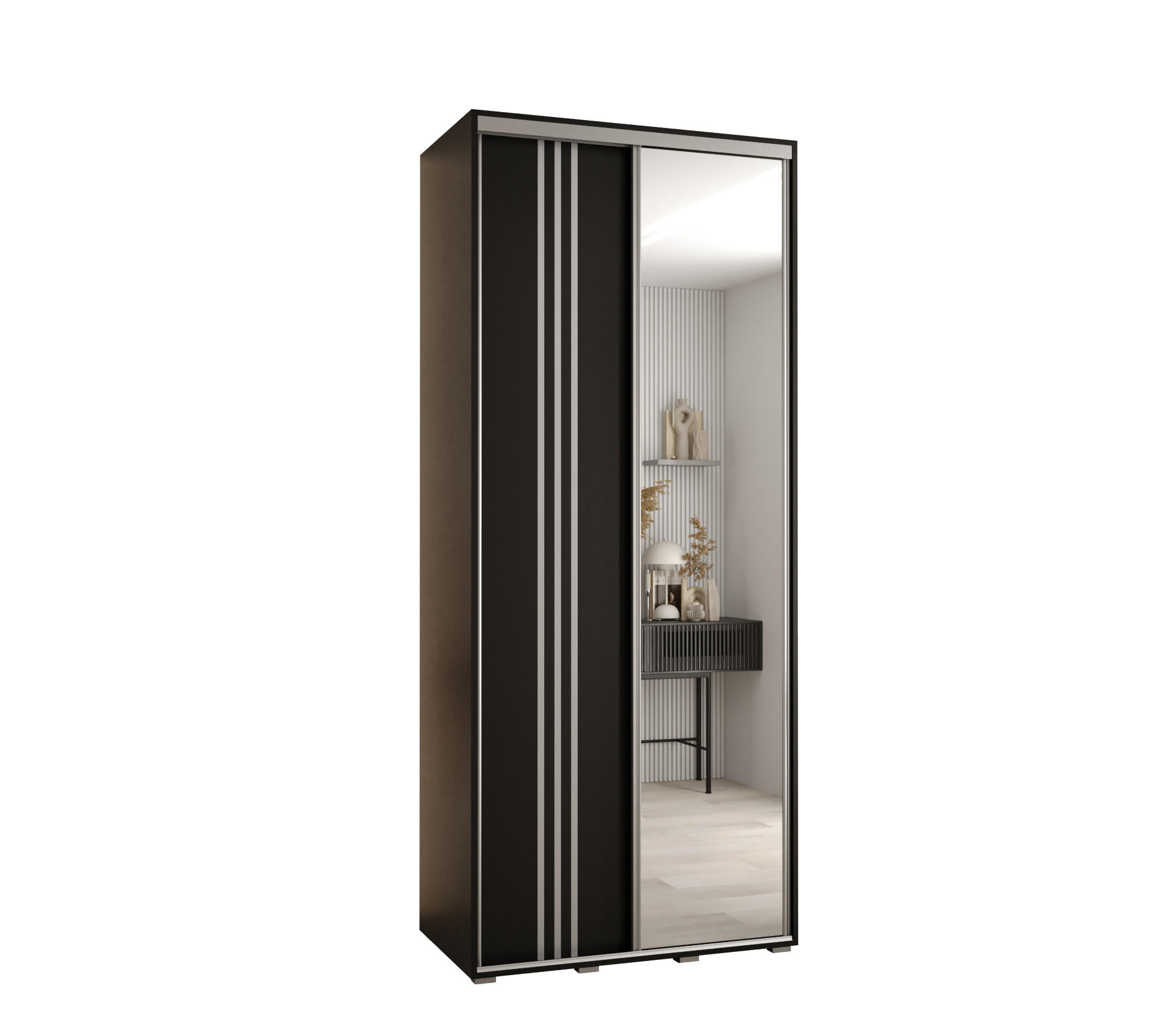 Abiks Möbel SCHWEBETÜRENSCHRANK Schwarz, Schwarz, Silber 110cm × 60cm × 235cm