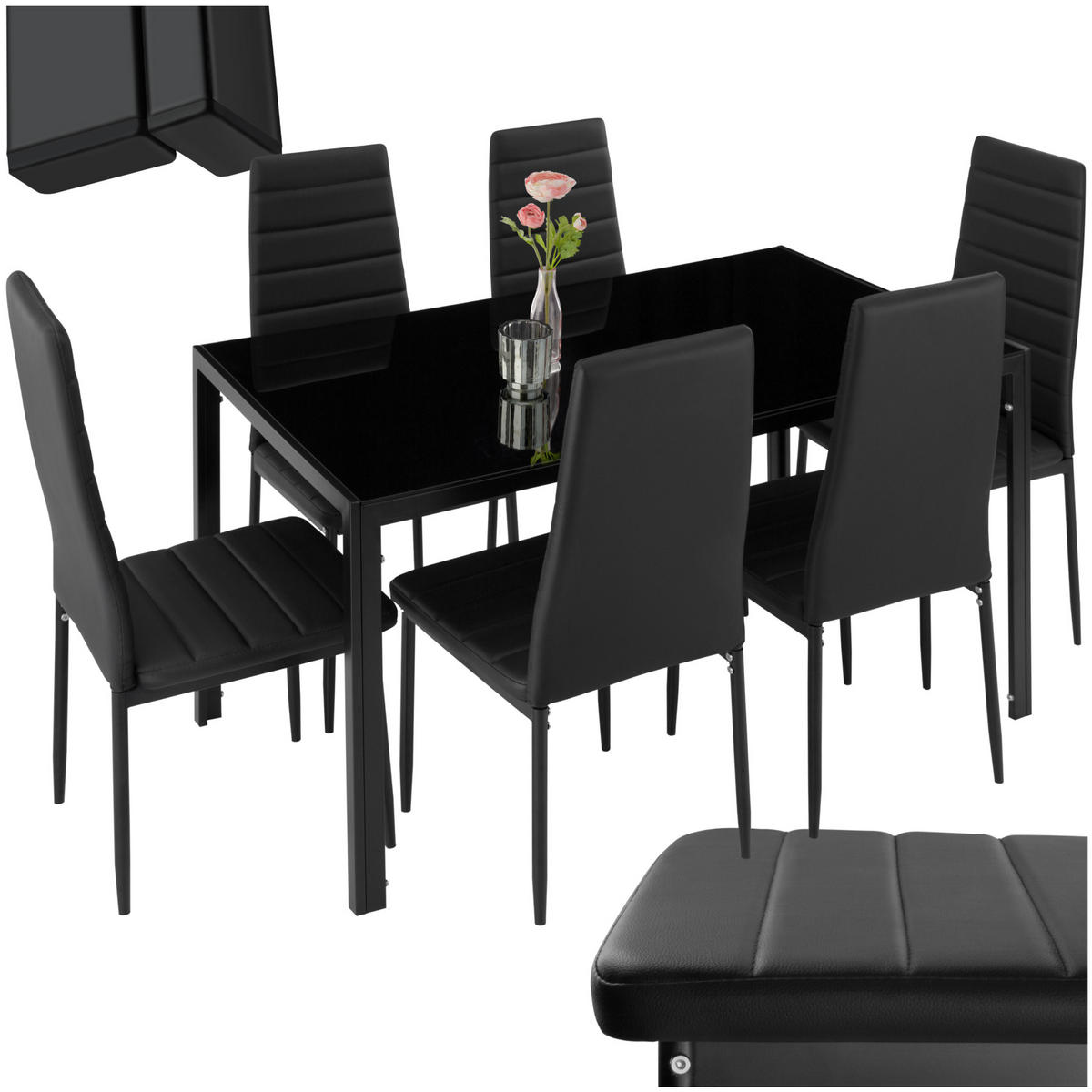 ESSZIMMERGRUPPE Brandenburg,bodenschonende Kunststoffkappen,schwarz/schwarz - Schwarz, Metall (90/98/150cm) - tectake