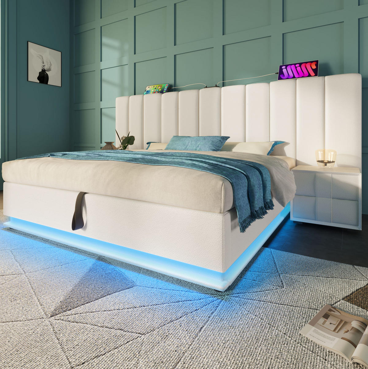 TAPECIRANI krevet 180/200 cm bijeli od PU s LED rasvjetom i USB-C punjenjem - bijela, plastika (180/200cm) - OKWISH