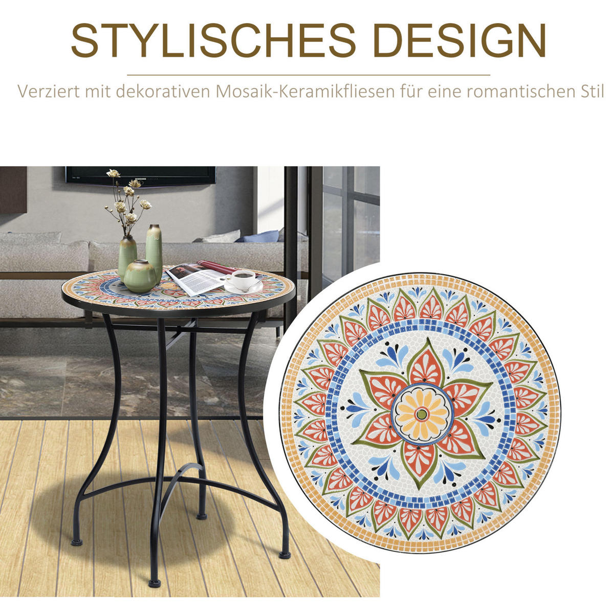 GARTENTISCH Ø60/71 cm aus Metall mit Mosaik-Tischplatte und pflegeleichter Oberfläche, Rot - Naturfarben, Metall (60/60/71cm) - Redom