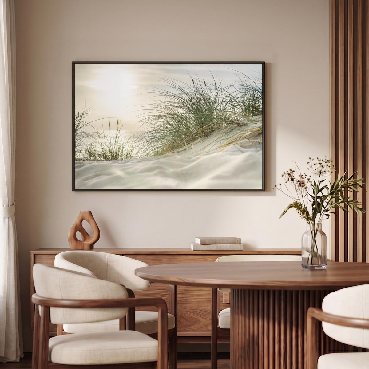 LEINWAND Bilder mit Rahmen - Dünen mit Strandhafer in der Sonne des Nationalparks Schleswig-Holsteinisches Wattenmeer - 90x60 - Creme, Textil (90/60cm) - MuchoWow