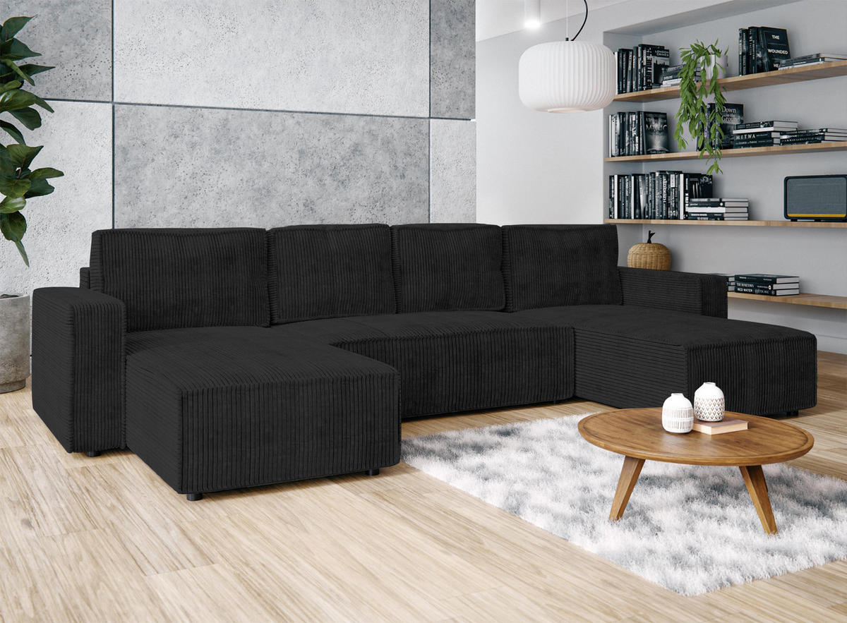 WOHNLANDSCHAFT Aydin U Form Dunkelgrau 338/169/85 cm Cord mit Schlaffunktion - Dunkelgrau/Schwarz, Kunststoff/Textil (338/85/169cm) - AX Living