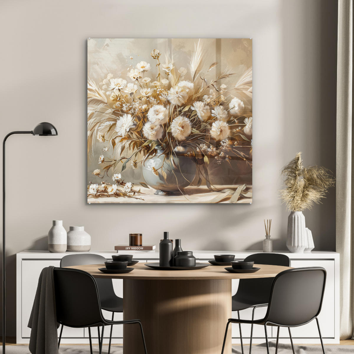 ACRYLGLASBILD Blumen - Vase - Stilleben - Beige 90x90 cm - Creme, Glas (90/90cm) - MuchoWow