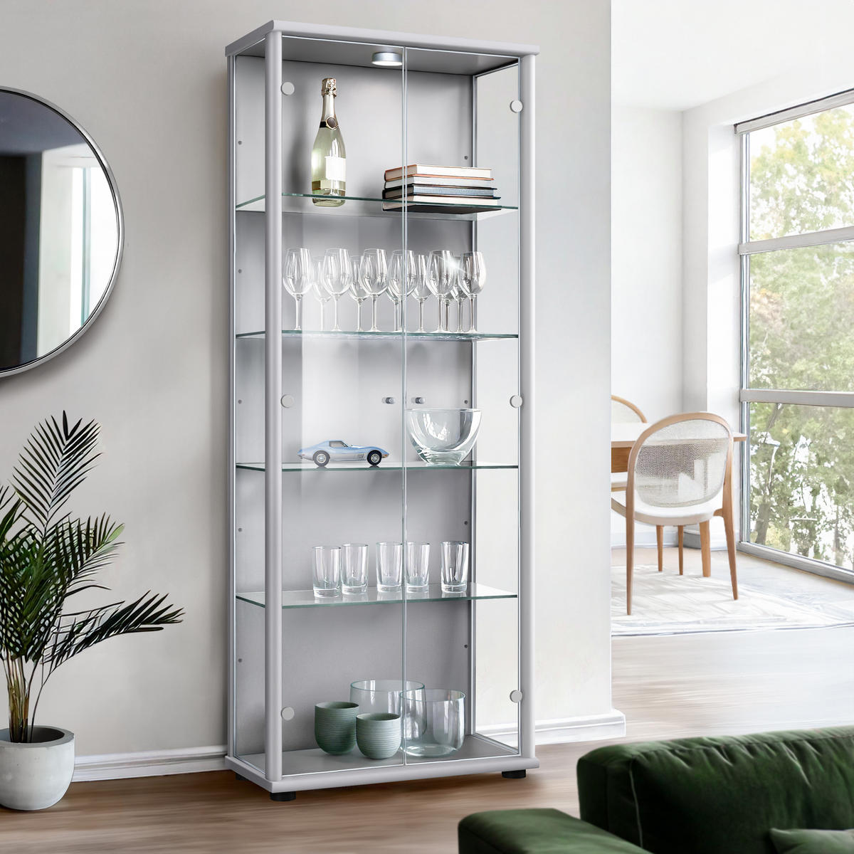GLASVITRINE 33/67/176 cm mit LED & 4 höhenverstellbaren Glasböden - Transparent/Silberfarben, Glas/Holzwerkstoff (67/176/33cm) - K-Möbel