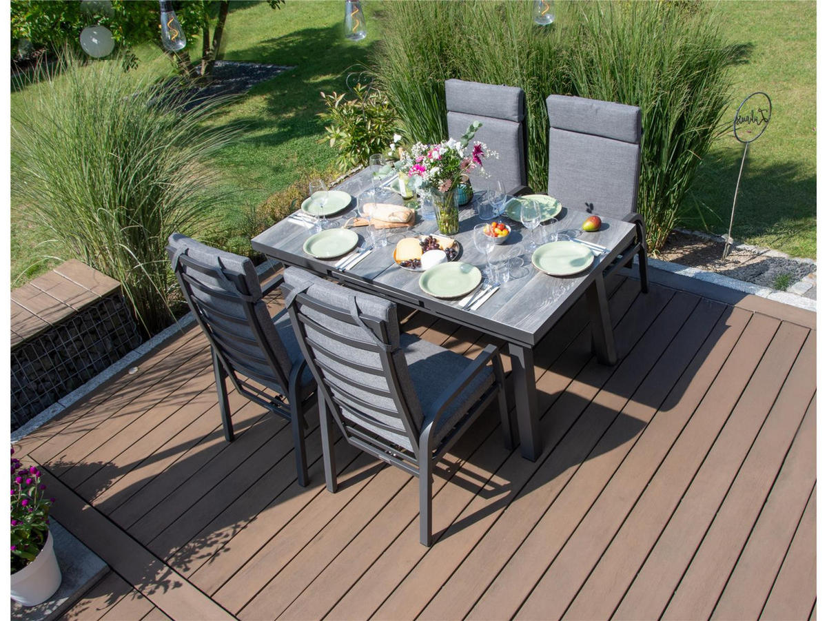 GARTENMÖBEL-SET Darwin 3 Aluminium ausziehbarer Tisch 4x Hochlehner Gartenstühle - Grau, Kunststoff - Green Spirit